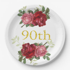 90ste verjaardag, Elegant, Rode Vintage Rozen, Op  Papieren Bordje