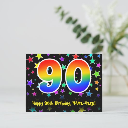 90ste verjaardag: Fun Stars Patroon, Regenboog 90, Briefkaart (Staand voorkant)