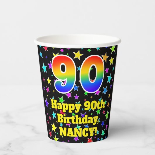 90ste verjaardag: Fun Stars Pattern en Rainbow 90 Papieren Bekers (Achterkant)