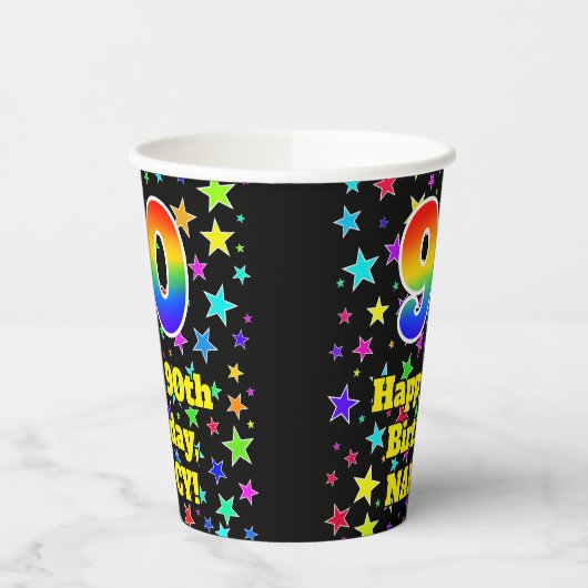 90ste verjaardag: Fun Stars Pattern en Rainbow 90 Papieren Bekers (Links)