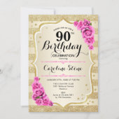 90ste verjaardag - Gouden strepen Roze rozen uitno Kaart (Voorkant)