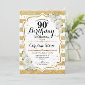 90ste verjaardag - Gouden witte strepen Rozen Kaart (Staand voorkant)