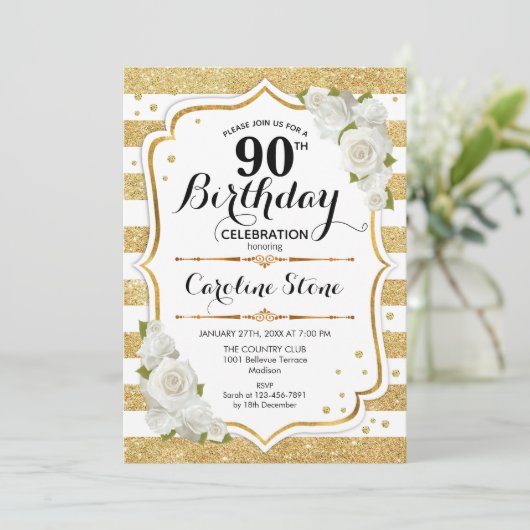 90ste verjaardag - Gouden witte strepen Rozen Kaart (Staand voorkant)
