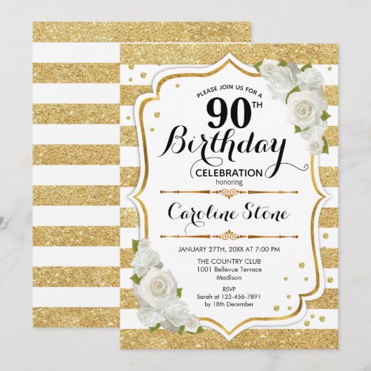 90ste verjaardag - Gouden witte strepen Rozen Kaart (Voorkant / Achterkant)