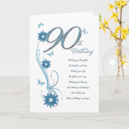 90ste verjaardag in blauwgroen met bloemen en vlin kaart (Gele Bloem)