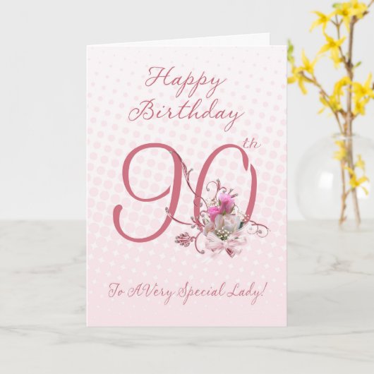 90ste verjaardag Kaart - Roze Rozen - tot een zeer (Gele Bloem)