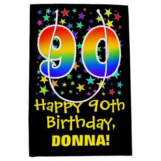 90ste verjaardag: Kleurrijke Sterren Patroon & Reg Medium Cadeauzakje (Voorkant)