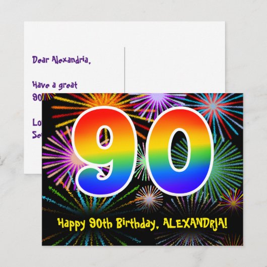 90ste verjaardag - Leuk vuurwerkpatroon + Regenboo Briefkaart (Voorkant / Achterkant)