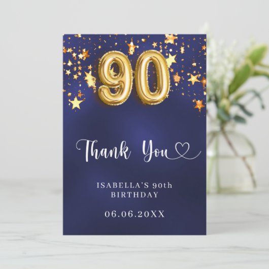 90ste verjaardag Marine Blauw Goud Sterren Bedankkaart (Staand voorkant)