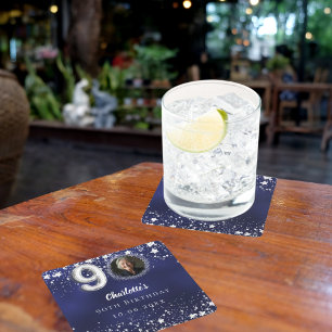 90ste verjaardag marineblauw zilveren sterren foto kartonnen onderzetters