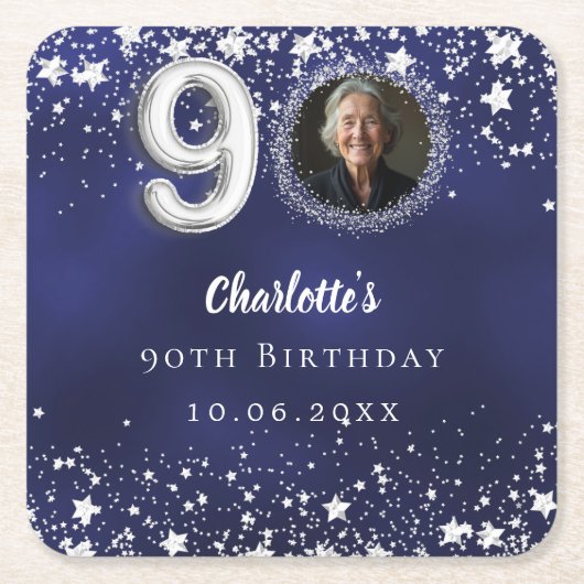 90ste verjaardag marineblauw zilveren sterren foto kartonnen onderzetters (Voorkant)