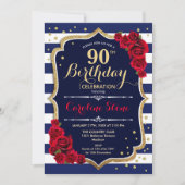 90ste verjaardag - Navy White Stripes en Red Roses Kaart (Voorkant)