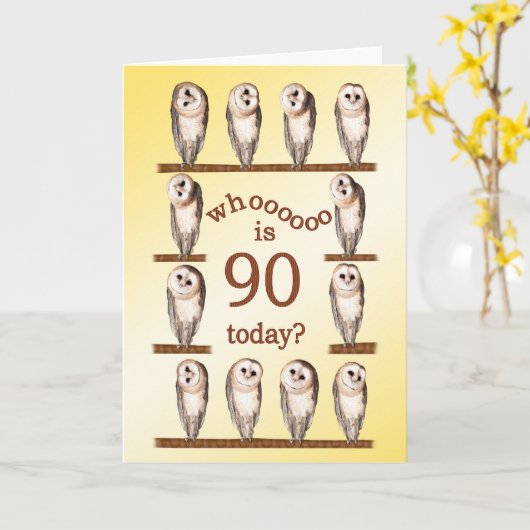90ste verjaardag, nieuwsgierige uilkaart. kaart (Gele Bloem)