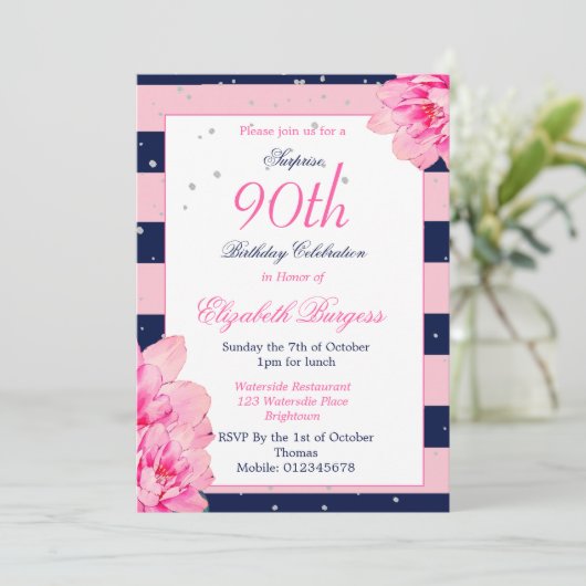 90ste verjaardag Ninetieth Rozen Marine Roze Mono Kaart (Staand voorkant)