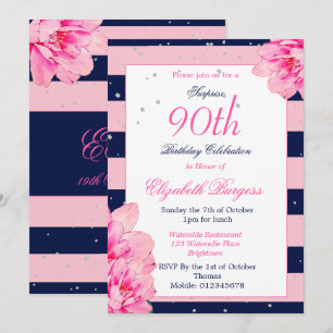 90ste verjaardag Ninetieth Rozen Marine Roze Mono Kaart