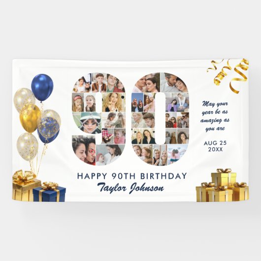 90ste Verjaardag Nummer 90 Fotocollage Wit Goud Spandoek (Horizontaal)