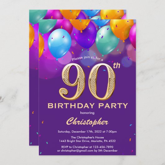 90ste verjaardag paarse en gouden kleurrijke ballo kaart (Voorkant / Achterkant)