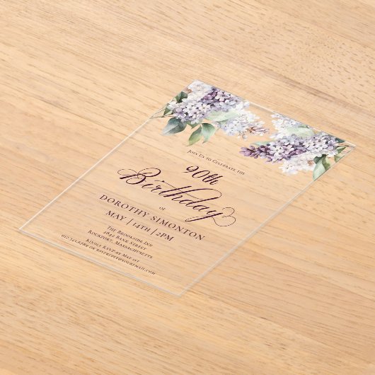 90ste verjaardag Paarse Lenteregen Lilac Bloem Acryl Uitnodigingen (Laagn)