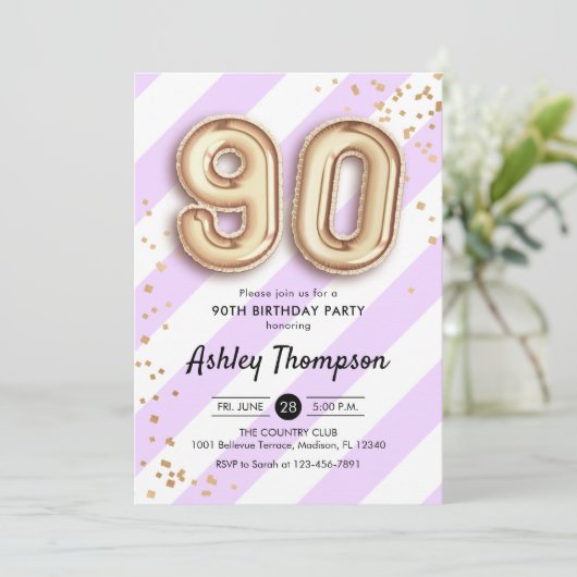 90ste verjaardag - Paarse strepen gouden ballonnen Kaart (Staand voorkant)