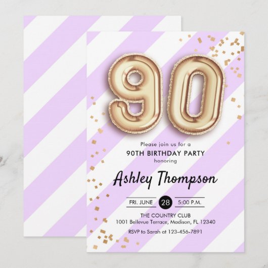90ste verjaardag - Paarse strepen gouden ballonnen Kaart (Voorkant / Achterkant)