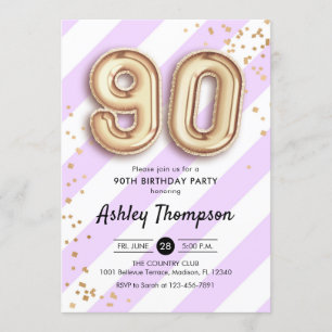 90ste verjaardag - Paarse strepen gouden ballonnen Kaart