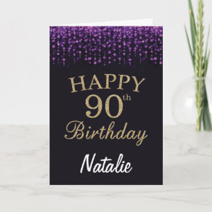 90ste verjaardag paarse zwarte en gouden glitterka kaart