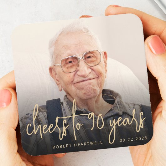 90ste verjaardag Party Foto Cheers Gold Script Kartonnen Onderzetters