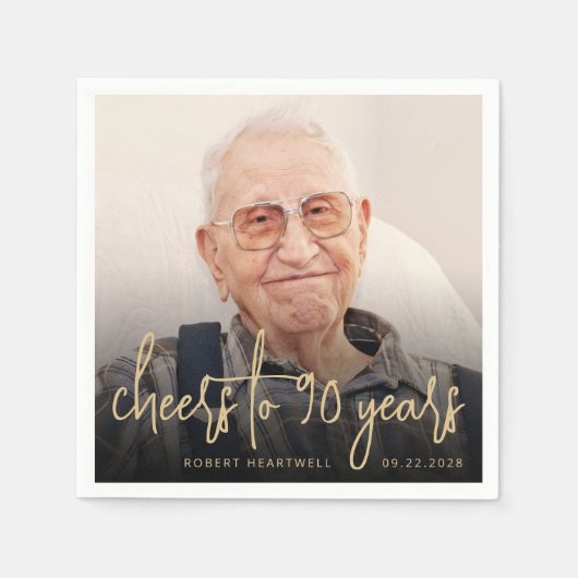 90ste verjaardag Party Foto Cheers Gold Script Servet (Voorkant)