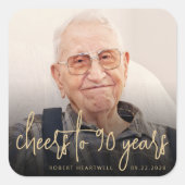 90ste verjaardag Party Foto Cheers Gold Script Vierkante Sticker (Voorkant)