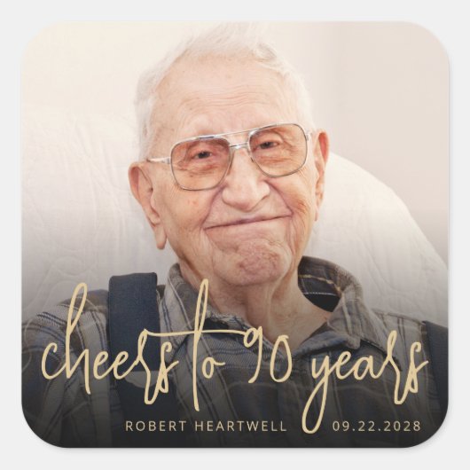 90ste verjaardag Party Foto Cheers Gold Script Vierkante Sticker (Voorkant)