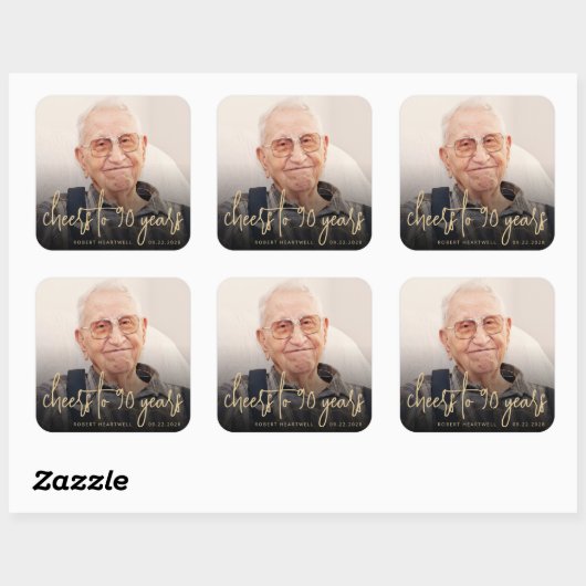 90ste verjaardag Party Foto Cheers Gold Script Vierkante Sticker (Vel)