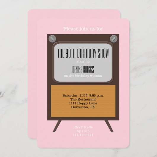90ste verjaardag Party uitnodiging TV op Roze (Voorkant / Achterkant)