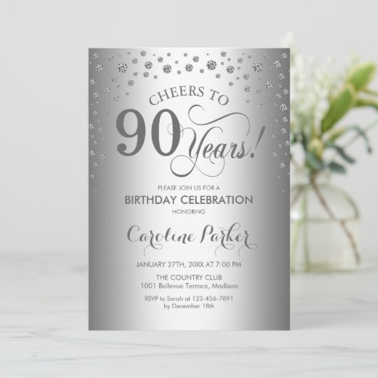 90ste verjaardag Party uitnodiging - Zilver (Staand voorkant)