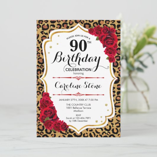 90ste verjaardag - Red Gold Leopard Print Kaart (Staand voorkant)