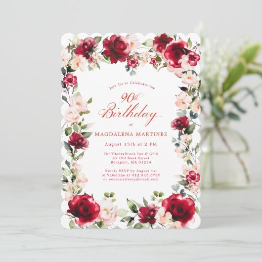 90ste verjaardag Red Rose Pink Peony Floral Kaart (Staand voorkant)