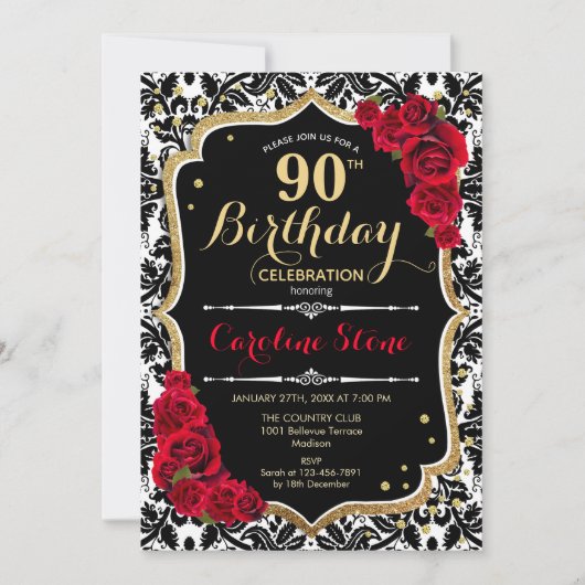90ste verjaardag - Red Roses Gold Black Damask Kaart (Voorkant)
