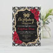 90ste verjaardag - Red Roses Gold Black Damask Kaart (Staand voorkant)