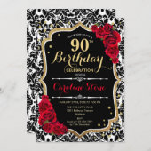 90ste verjaardag - Red Roses Gold Black Damask Kaart (Voorkant / Achterkant)