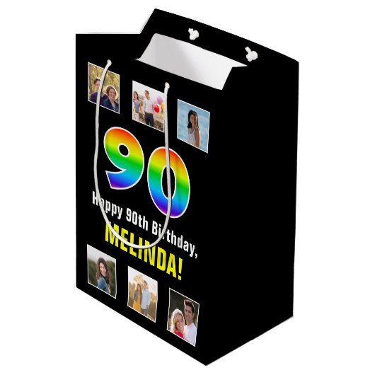 90ste verjaardag: Regenboog "90", aangepaste foto' Medium Cadeauzakje (Achterkant Gekanteld)