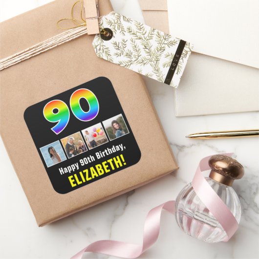 90ste verjaardag: Regenboog "90"; Aangepaste foto' Vierkante Sticker (Geschenken)