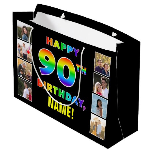 90ste verjaardag: Regenboogtekst, Aangepaste foto' Groot Cadeauzakje (Achterkant Gekanteld)