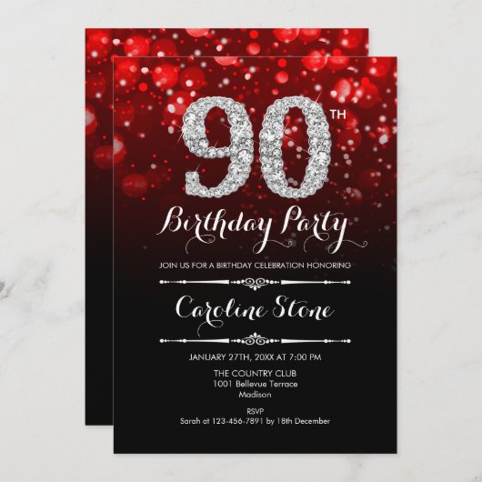 90ste verjaardag - Rood Zwart Zilver Kaart (Voorkant / Achterkant)