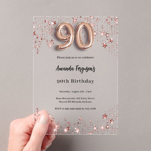 90ste verjaardag roos Gold Stars Clear Party Acryl Uitnodigingen (Insitu (Draagbaar))