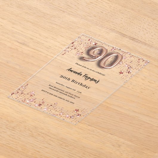 90ste verjaardag roos Gold Stars Clear Party Acryl Uitnodigingen (Laagn)