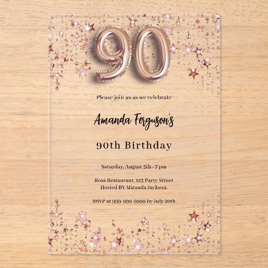 90ste verjaardag roos Gold Stars Clear Party Acryl Uitnodigingen (Voorkant)