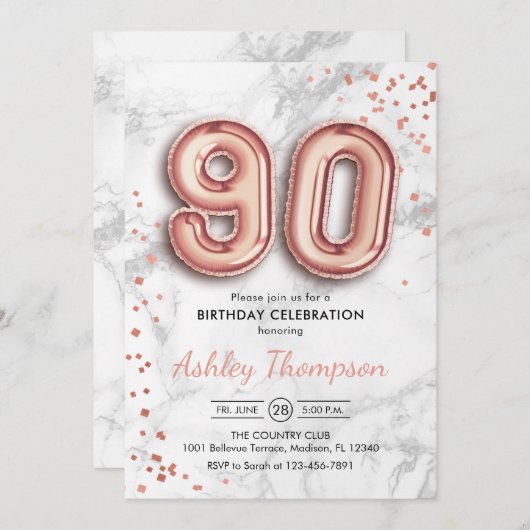 90ste verjaardag - Roos gouden ballonnen marmeren  Kaart (Voorkant / Achterkant)