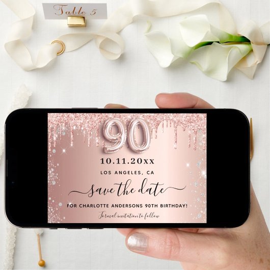 90ste verjaardag roos gouden zilveren druppels save the date