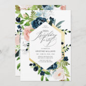 90ste verjaardag Roze Blauwe Roos Waterverf Bloems Kaart (Voorkant / Achterkant)