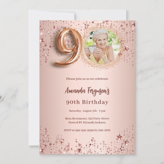 90ste verjaardag roze gouden foto sterren kaart (Voorkant)