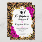 90ste verjaardag - roze gouden luipaard print kaart (Voorkant / Achterkant)
